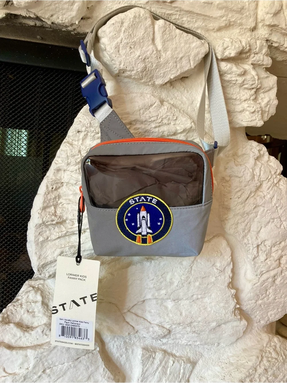 NWT State Lorimer kids fanny pack/sling bag w/ playful astronaut rocket patch